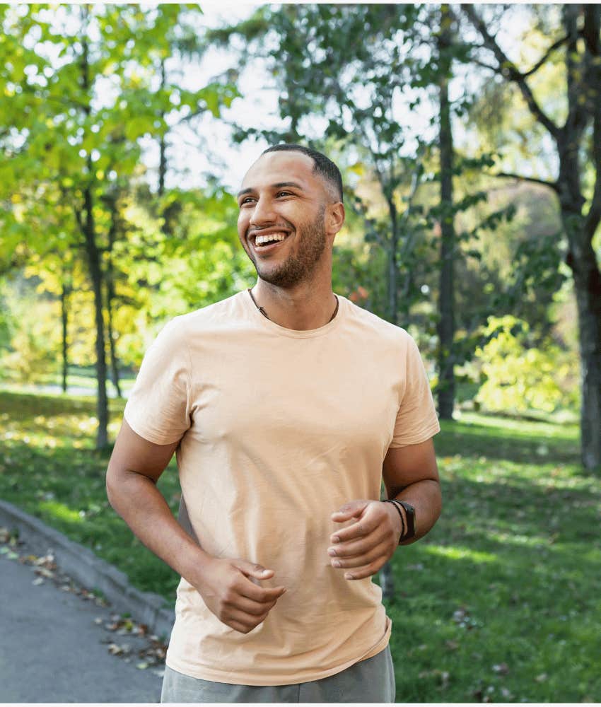 Walking man embraces serenity