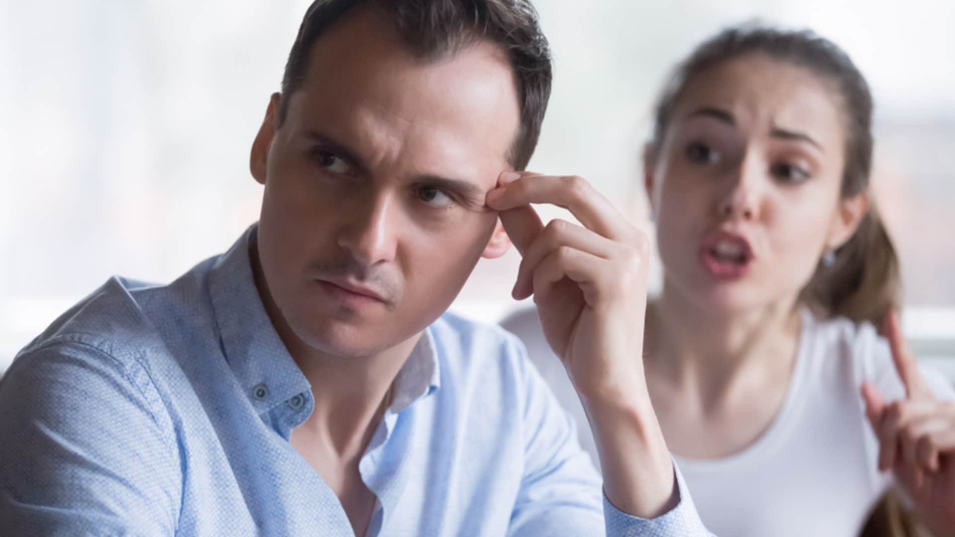 angry wife guilt-tripping her husband in order to get what she wants