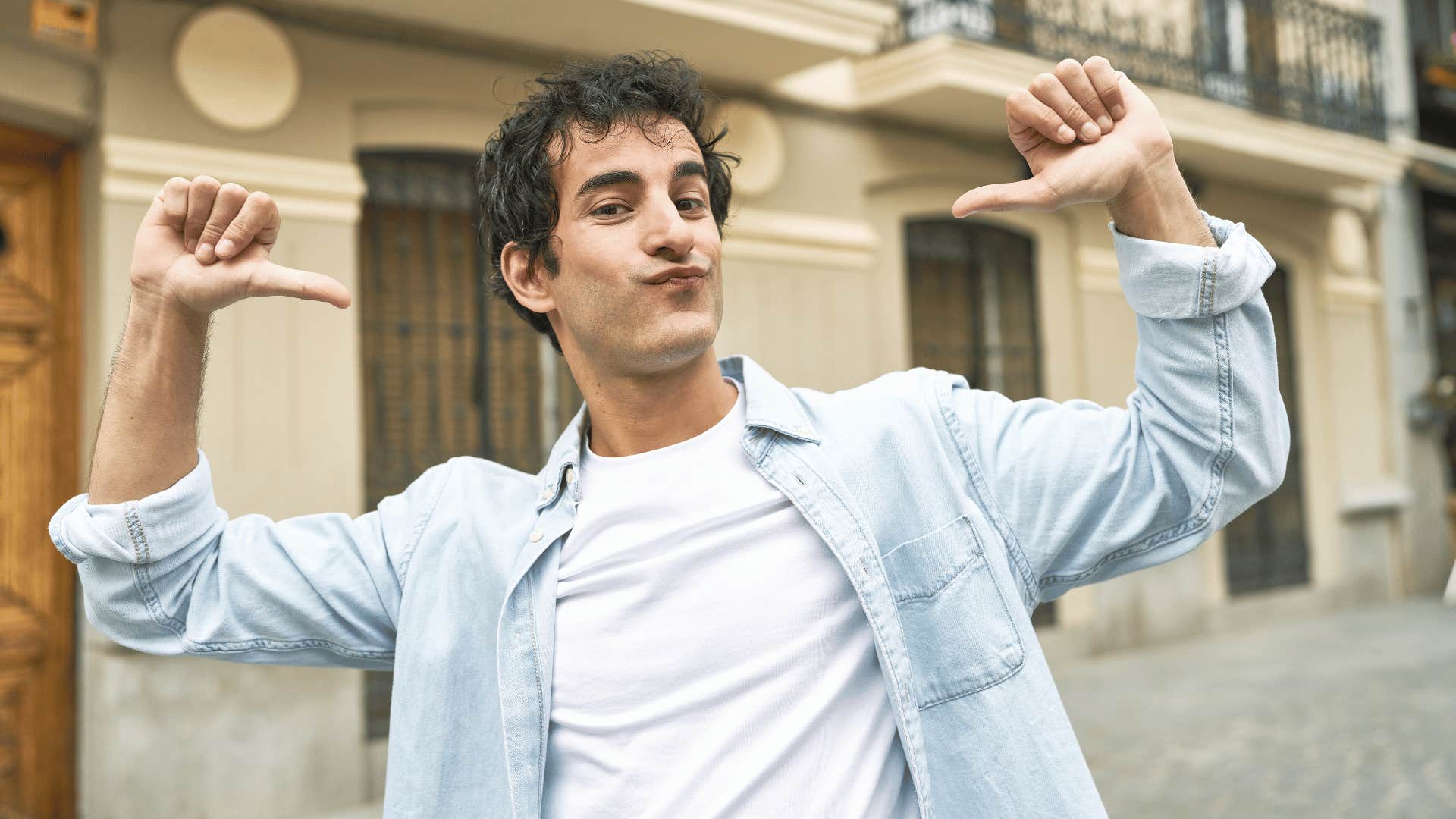 Narcissist man gestures to repeat love life mistakes