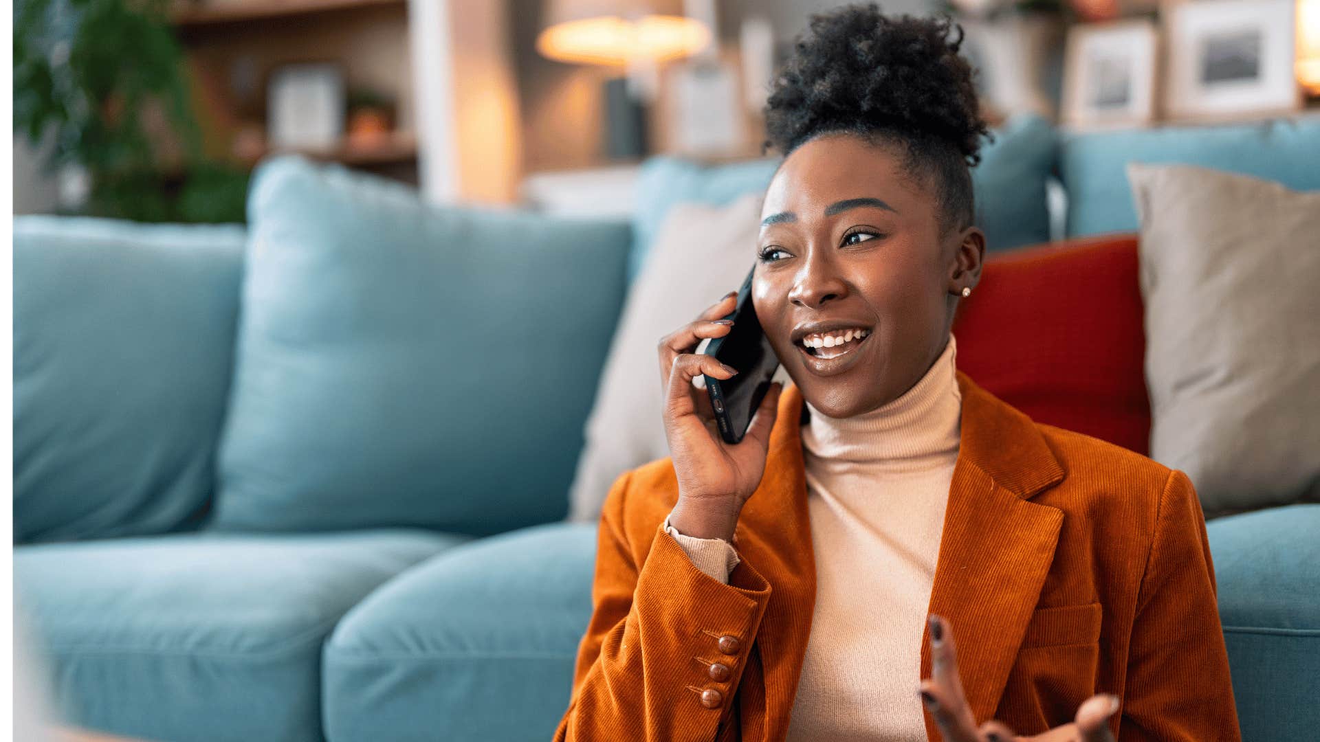 Happy woman on phone stopped caring about everyone's happiness