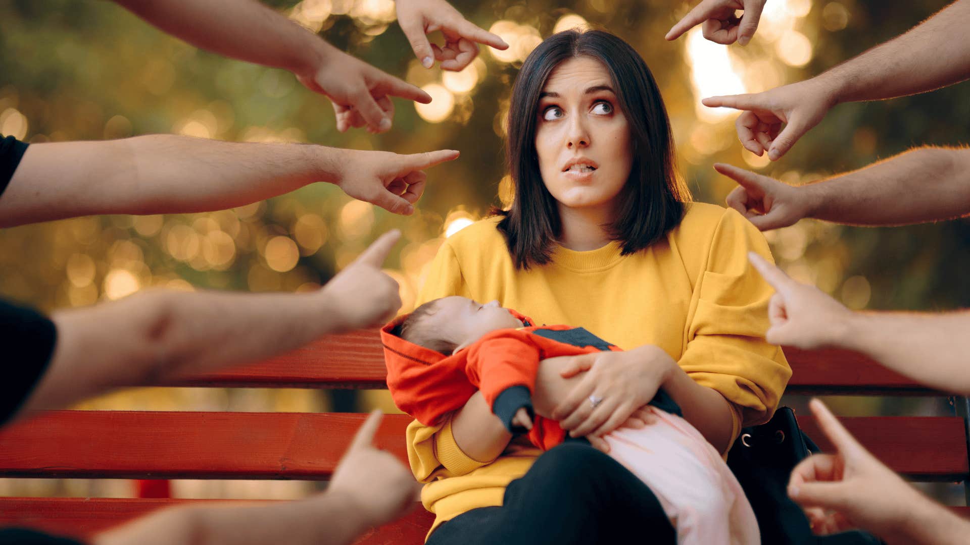 well-meaning parents judging other mother and pointing