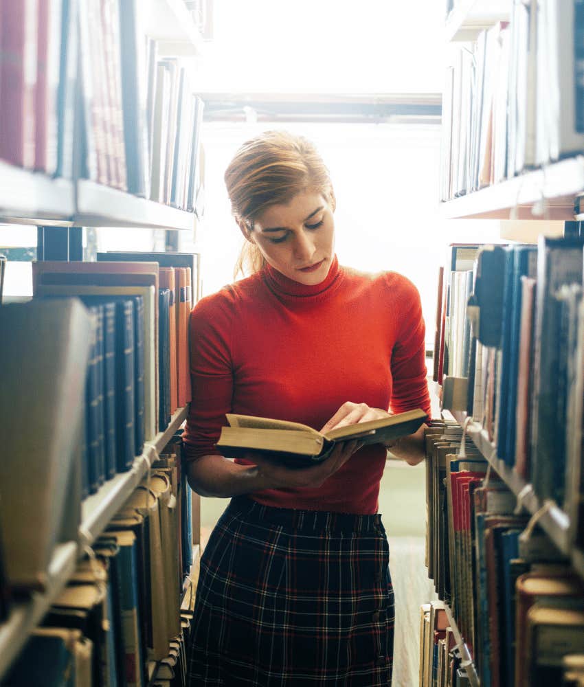 woman having fun for free at the library