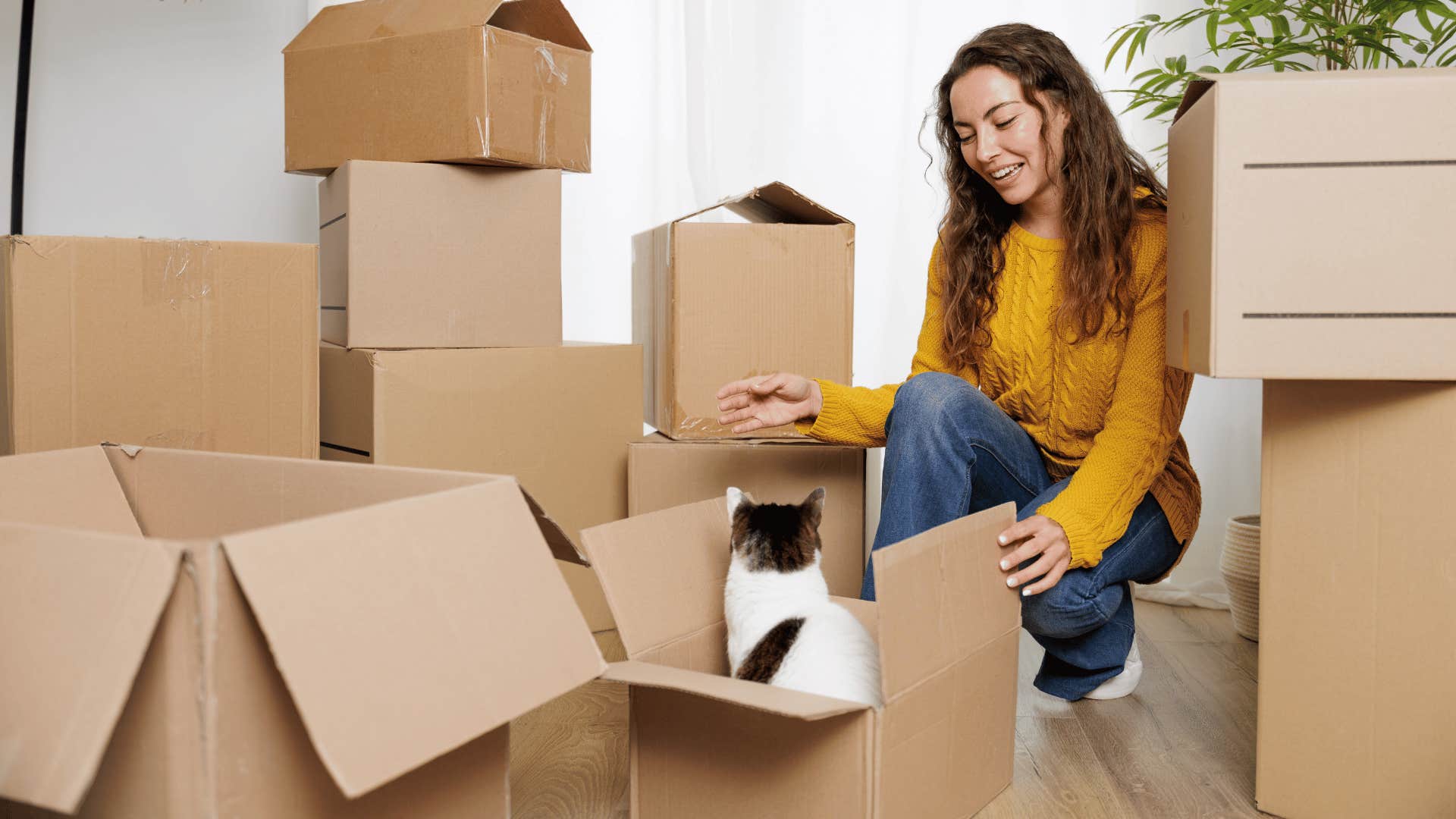 woman moving away and packing her boxes as her cats sits in one of the boxes