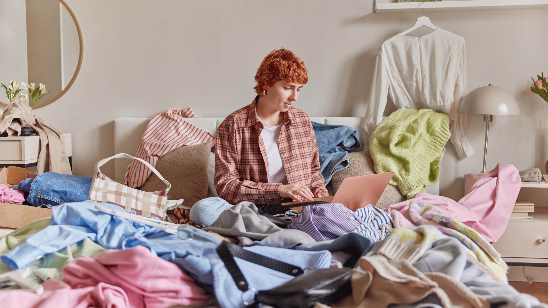 teen girl sitting on her messy and disorganized bed