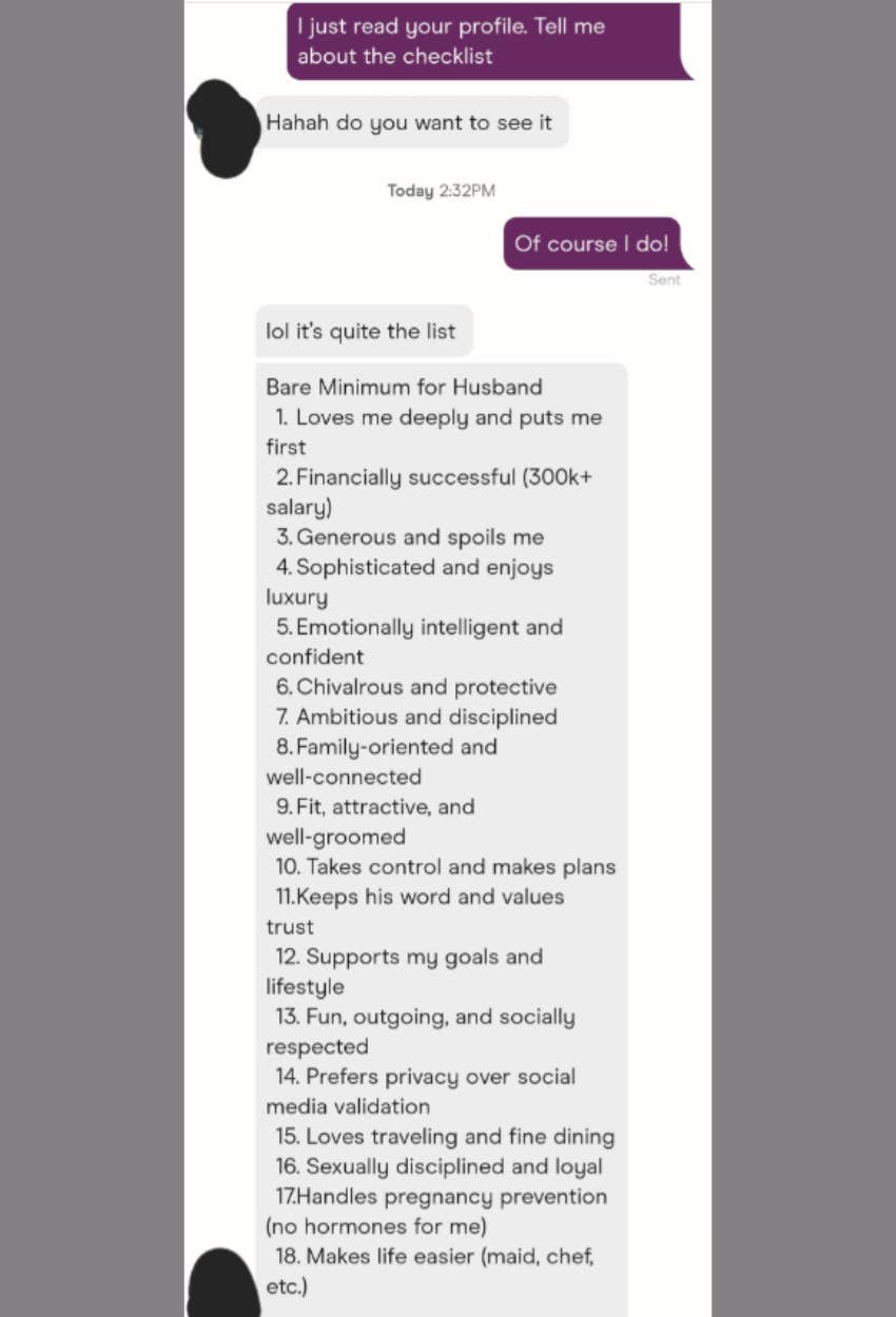 Woman's list of a requirements she sent to a man she met on a dating app