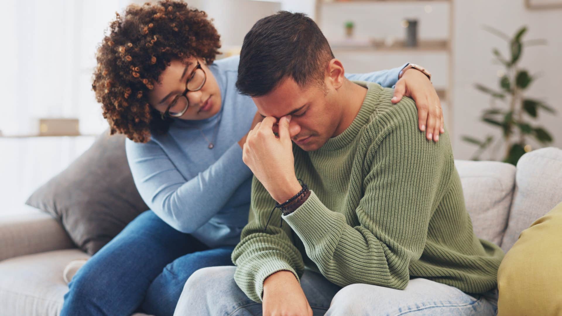 Man saying "it's not a big deal" while his wife comforts him.