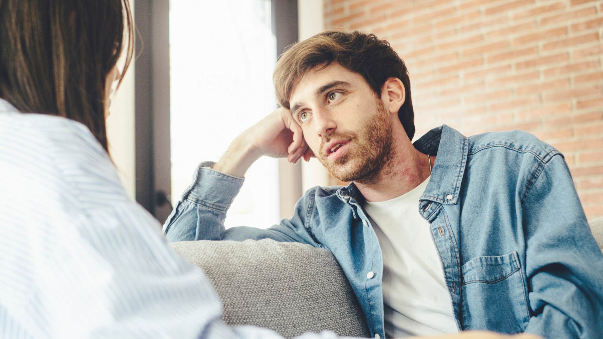 Man saying "you sound just like my mom" to his upset wife.