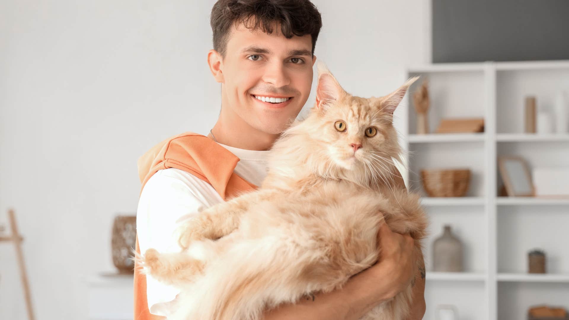 man holding fluffy orange cat about to chirp