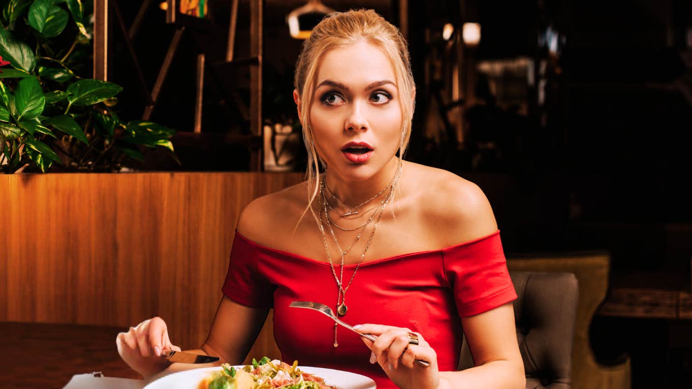 Appalled woman at dinner, covid broke America. 