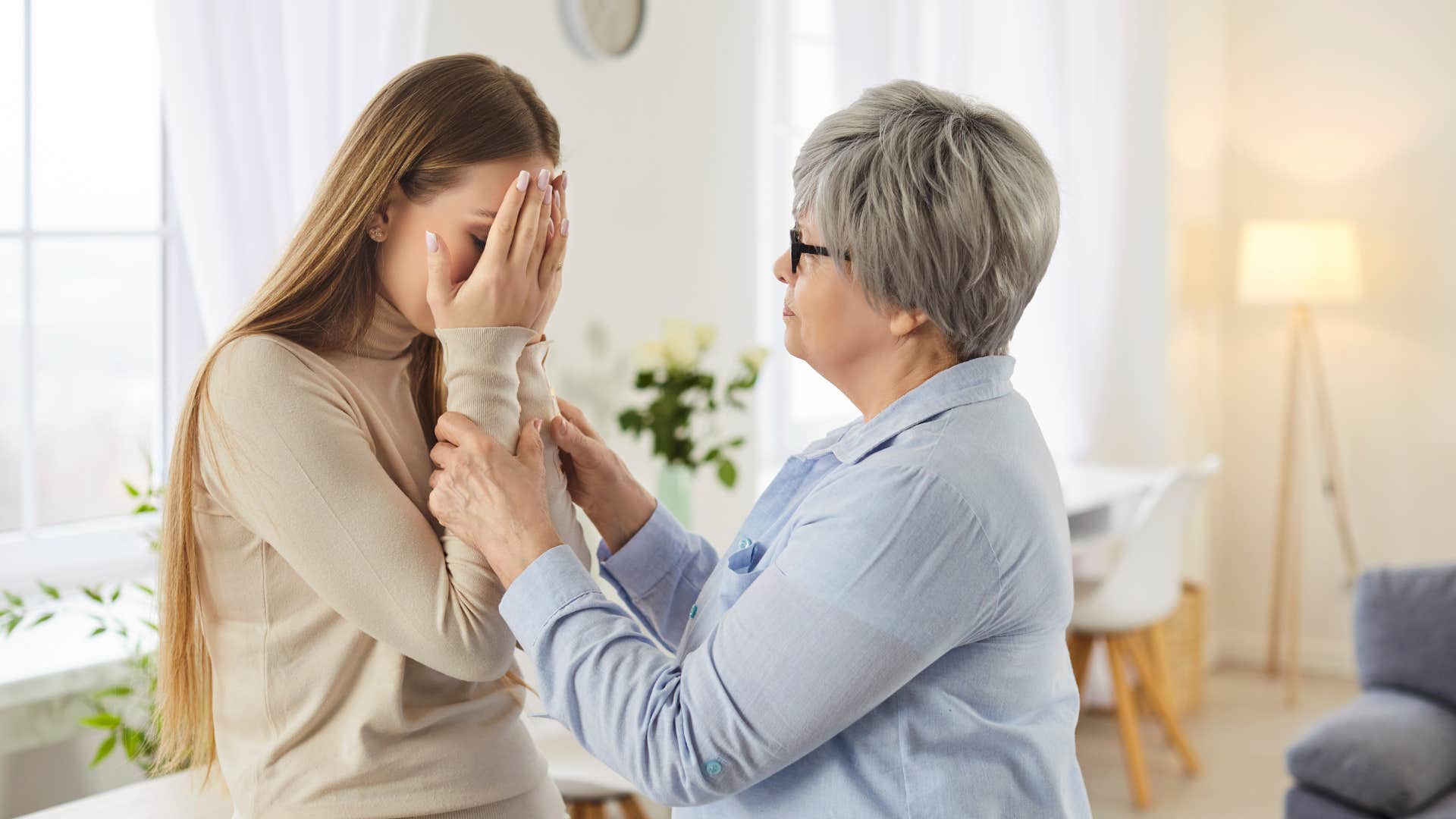 an elderly woman tells a younger woman to be confident in her vulnerability