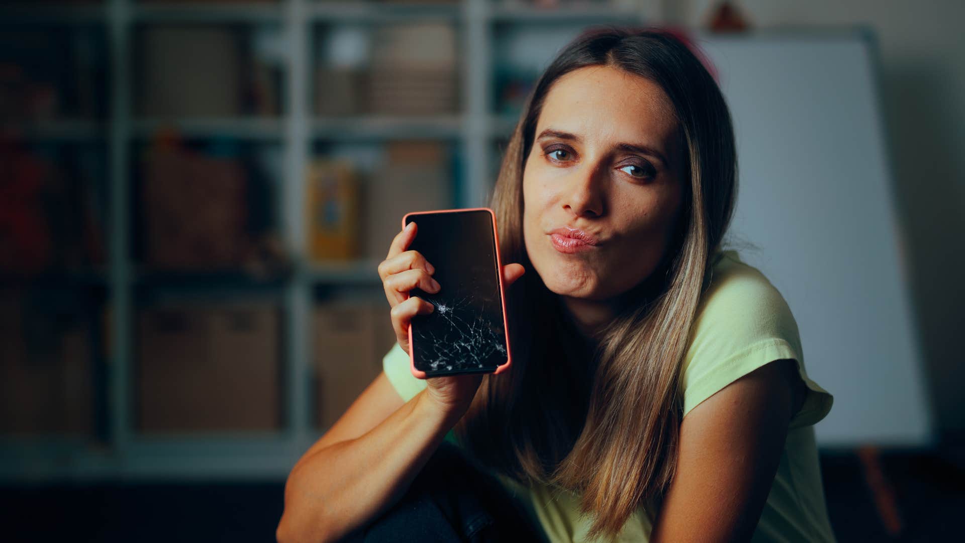 woman holding up her cracked phone looking annoyed