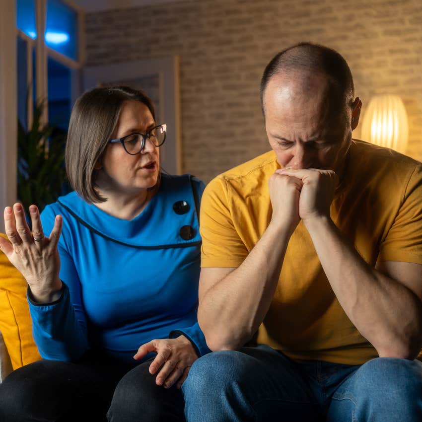 woman repelling husband by bombarding with grievances