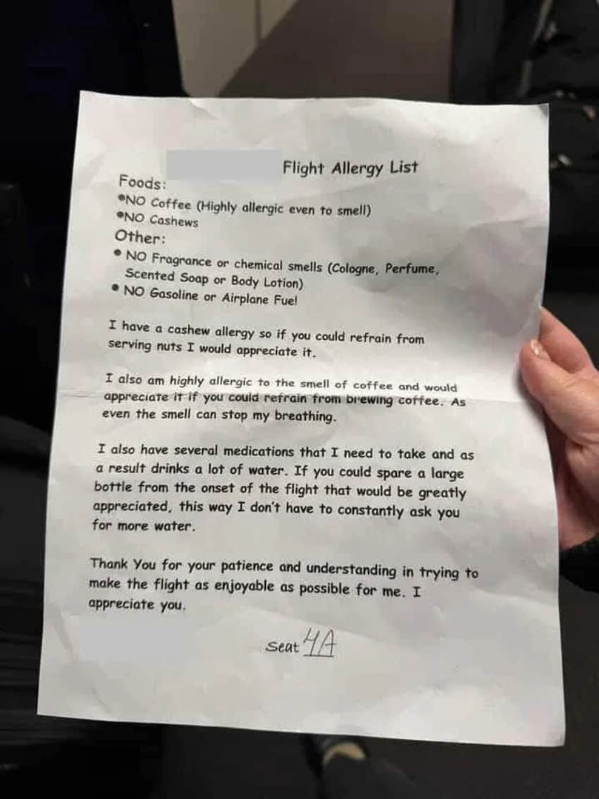 list of allergy demands from Reddit