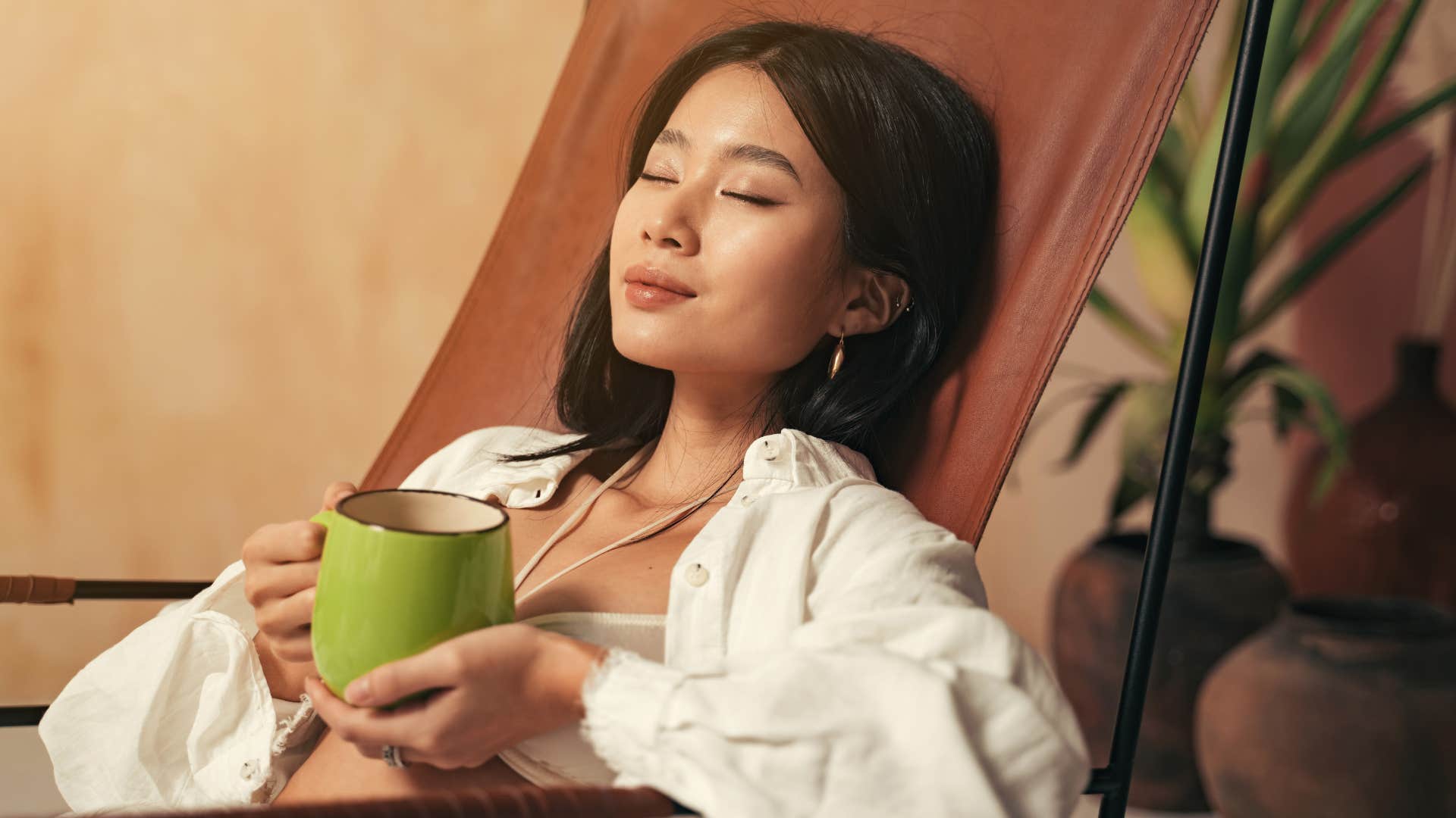 Relaxed tea drinker is health-conscious