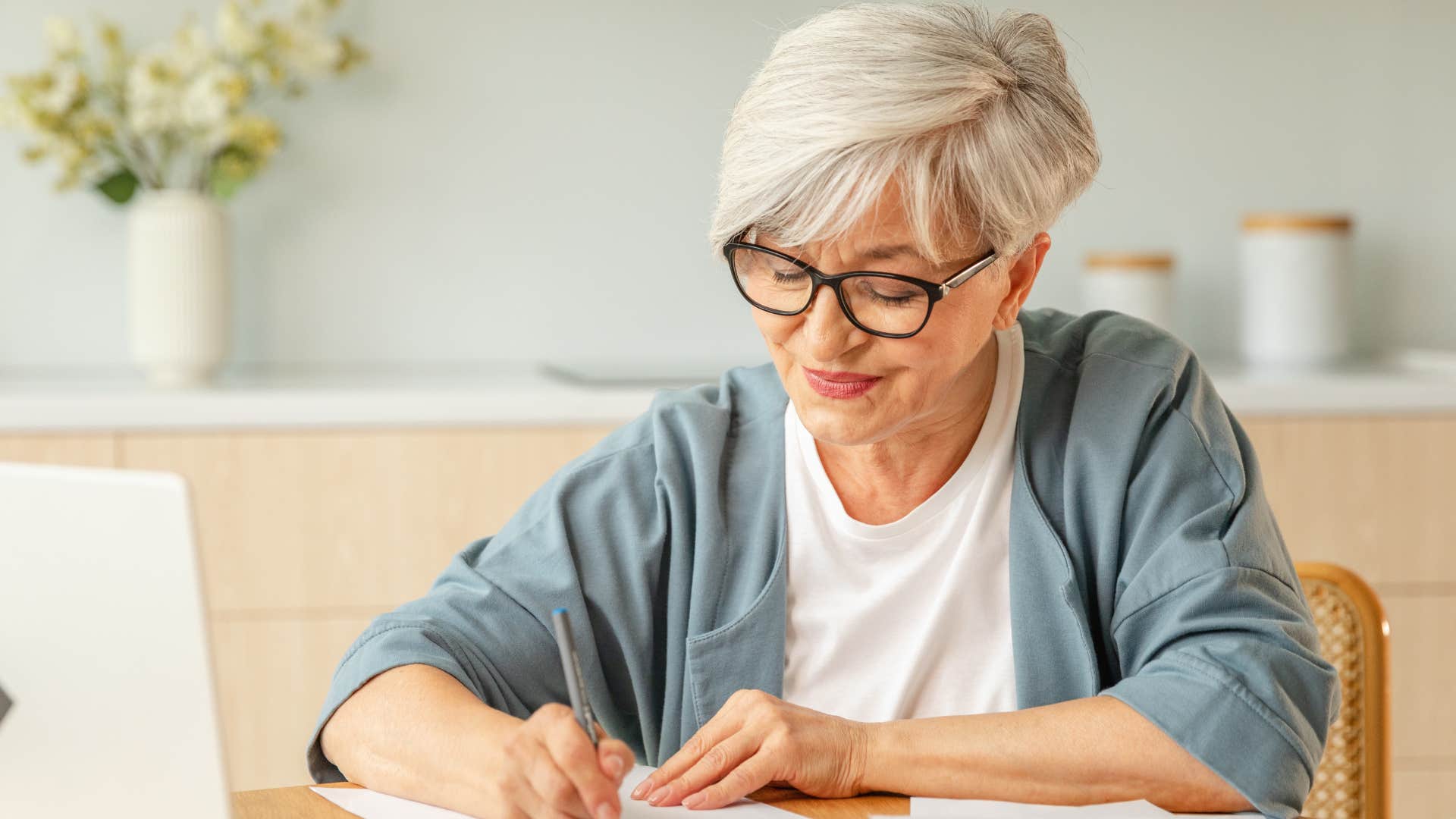 Woman who values comfort and functionality working at home.