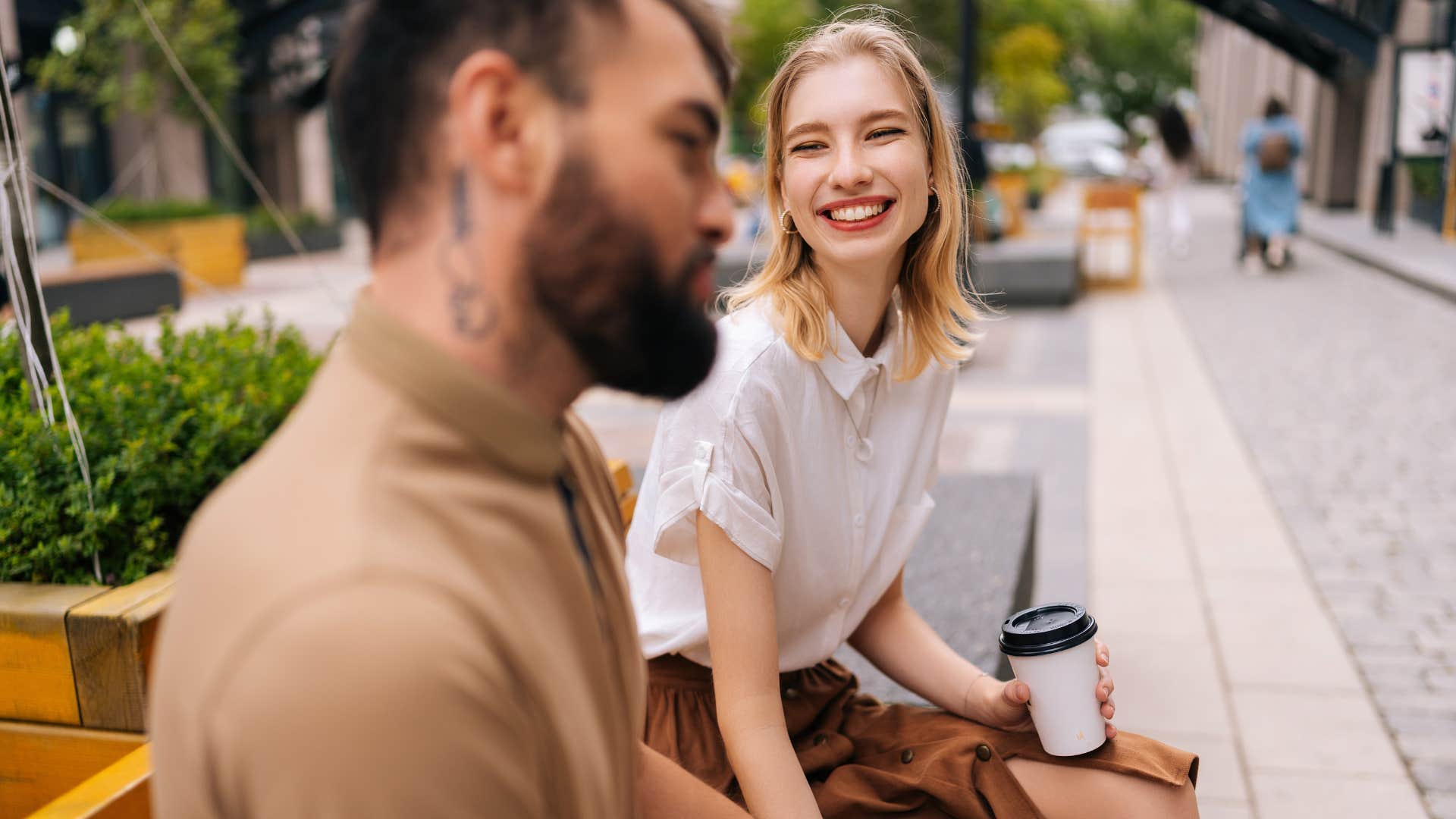 couple on bench discussing their shared values