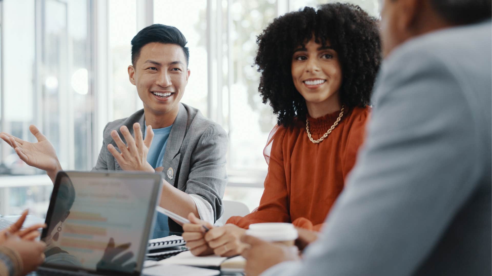 a man jokes with his boss about something personal and gets off topic