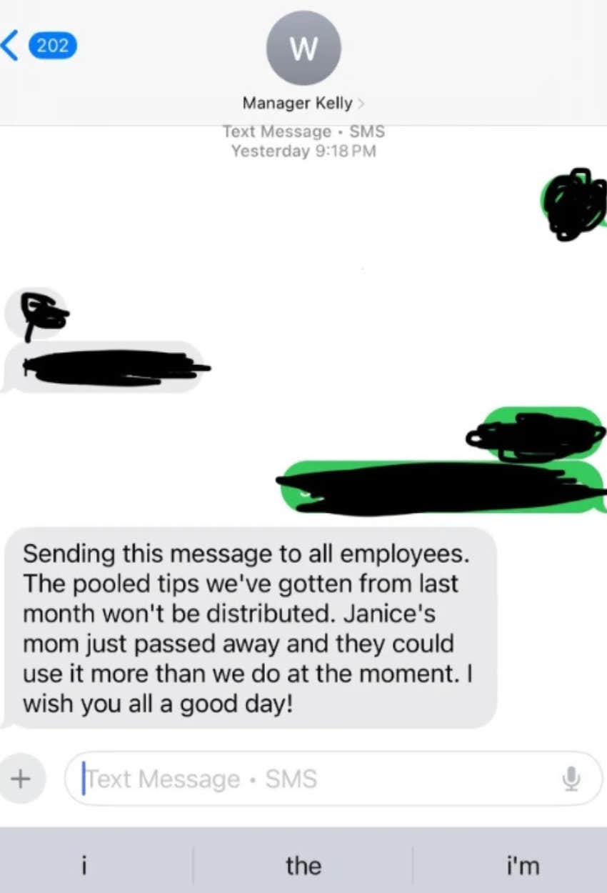 Server Upset After Manager Donates Pooled Tips To A Struggling Co-Worker Reddit Post