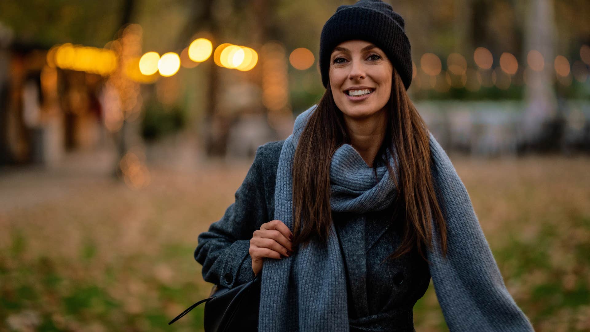 happy woman taking a walk outside