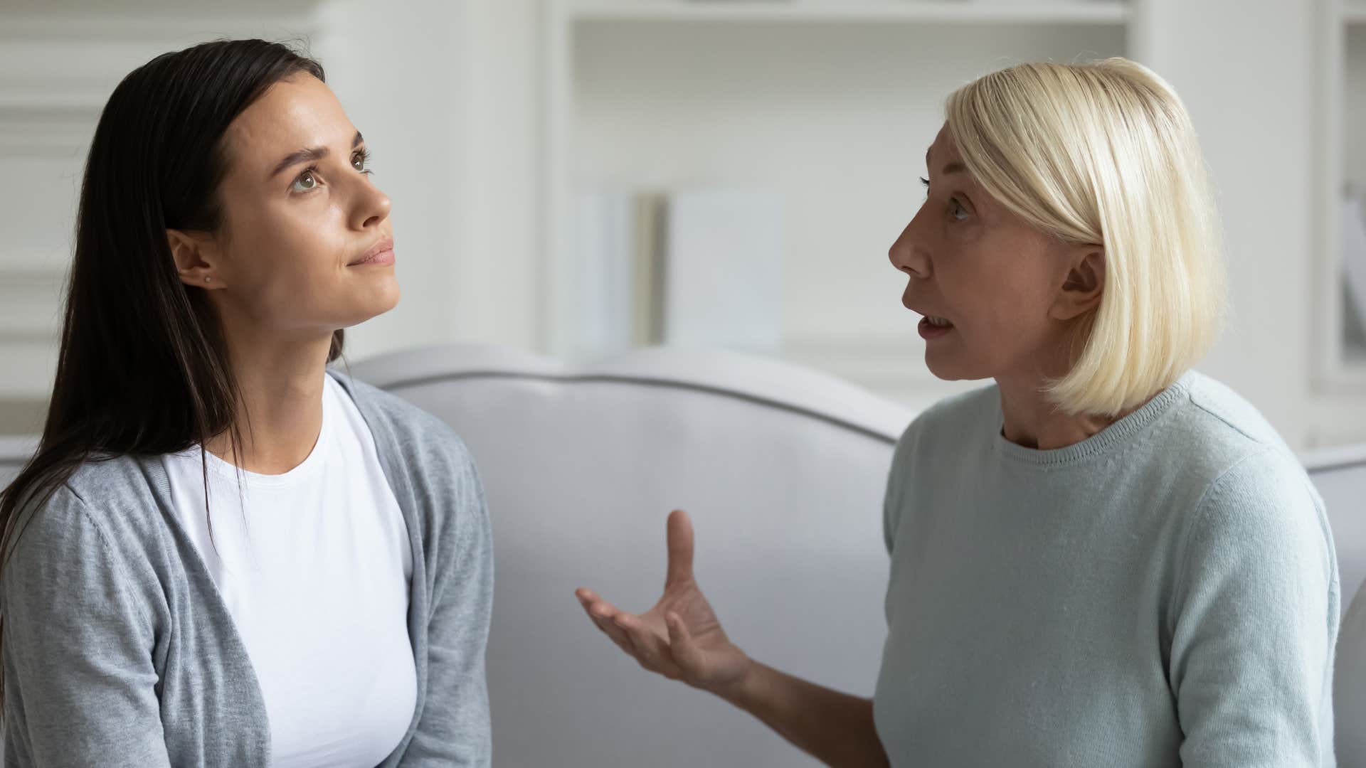 an elderly mother tells her adult daughter that there will be no disrespecting her during a conversation