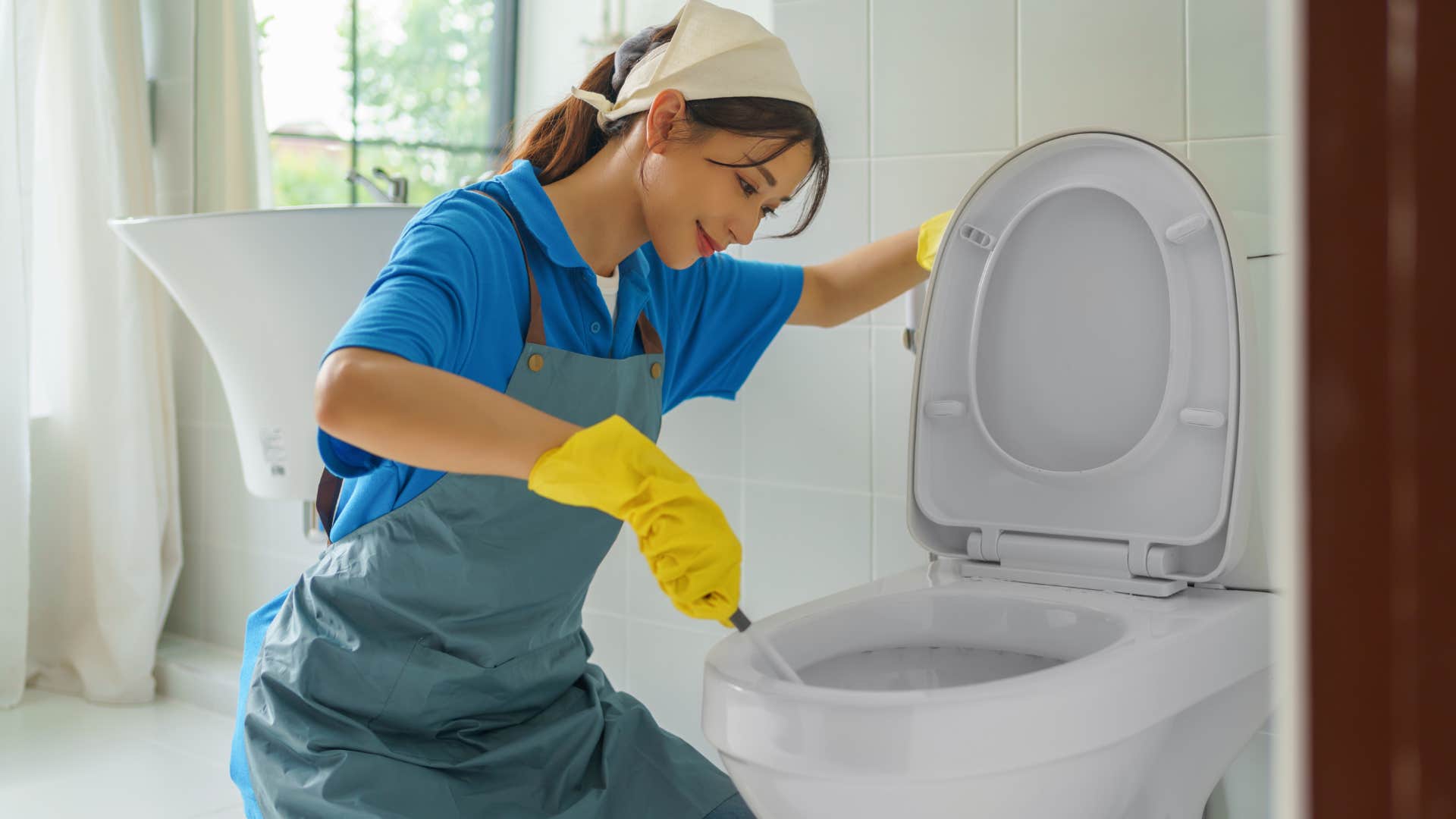 Woman cleans dirty bathroom toilet seat 