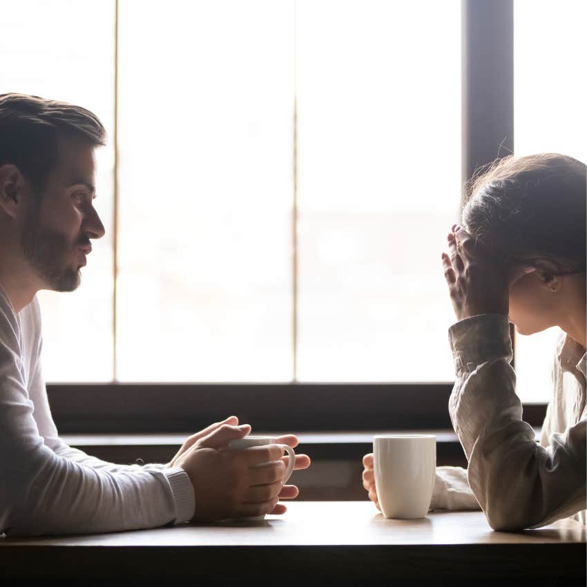 man pushing loyal woman away by trying to sell himself
