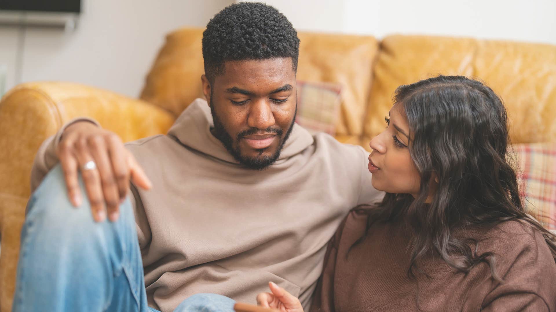 Thoughtful woman uncovers what man tells other people