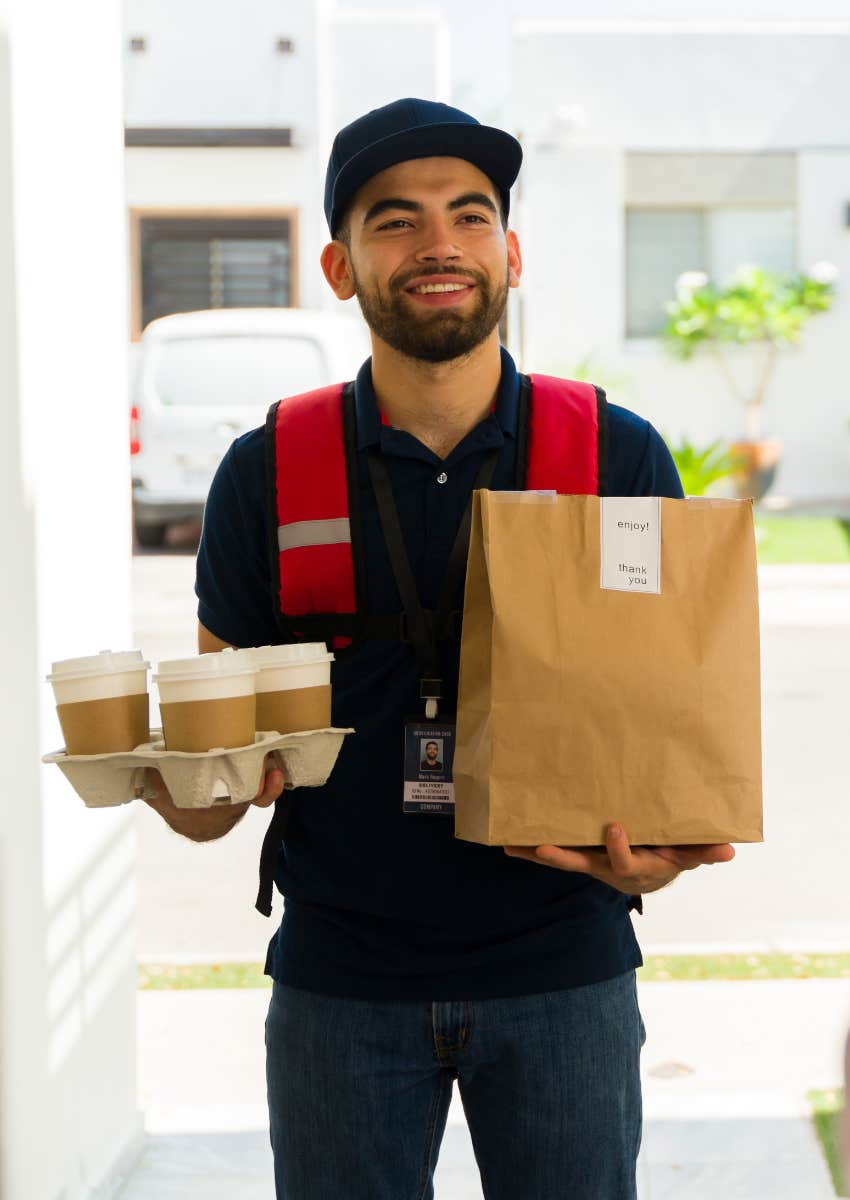 food delivery person helping customer save time