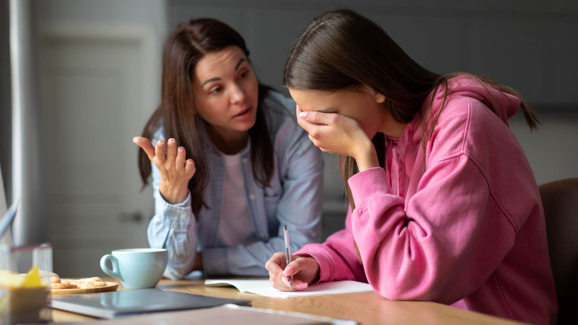 mom being hovered too much over her teen daughter