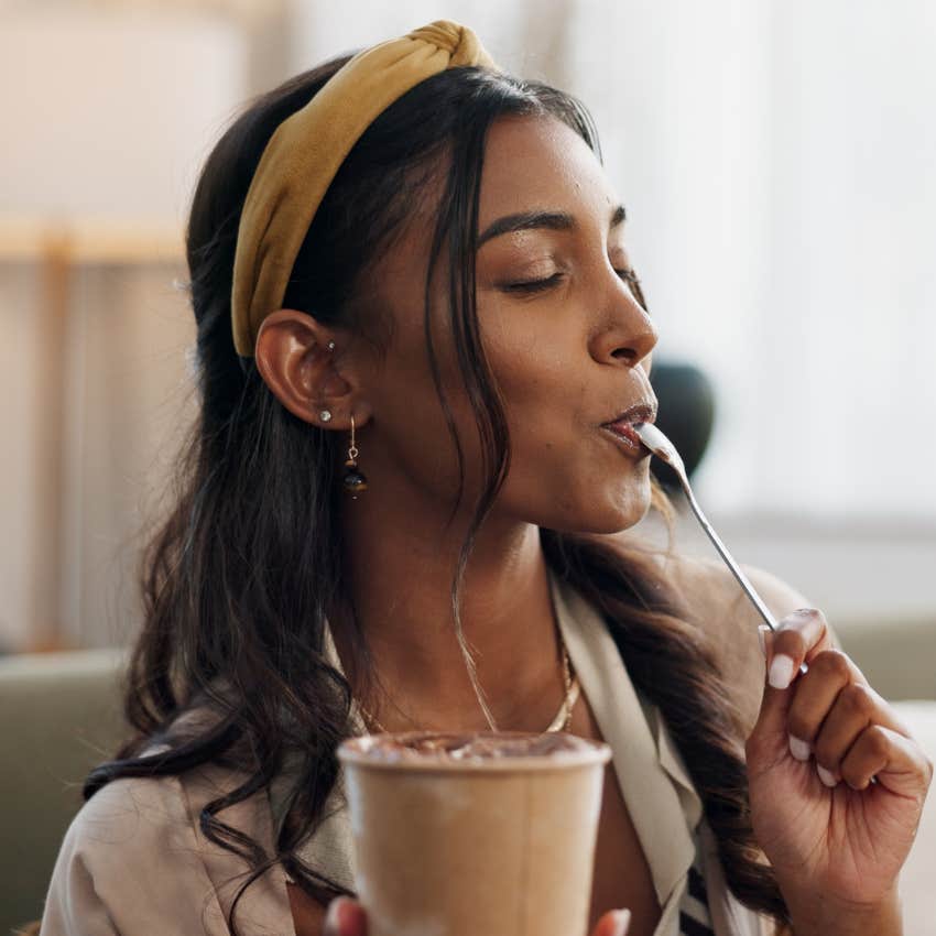 woman who lives alone eating ice cream