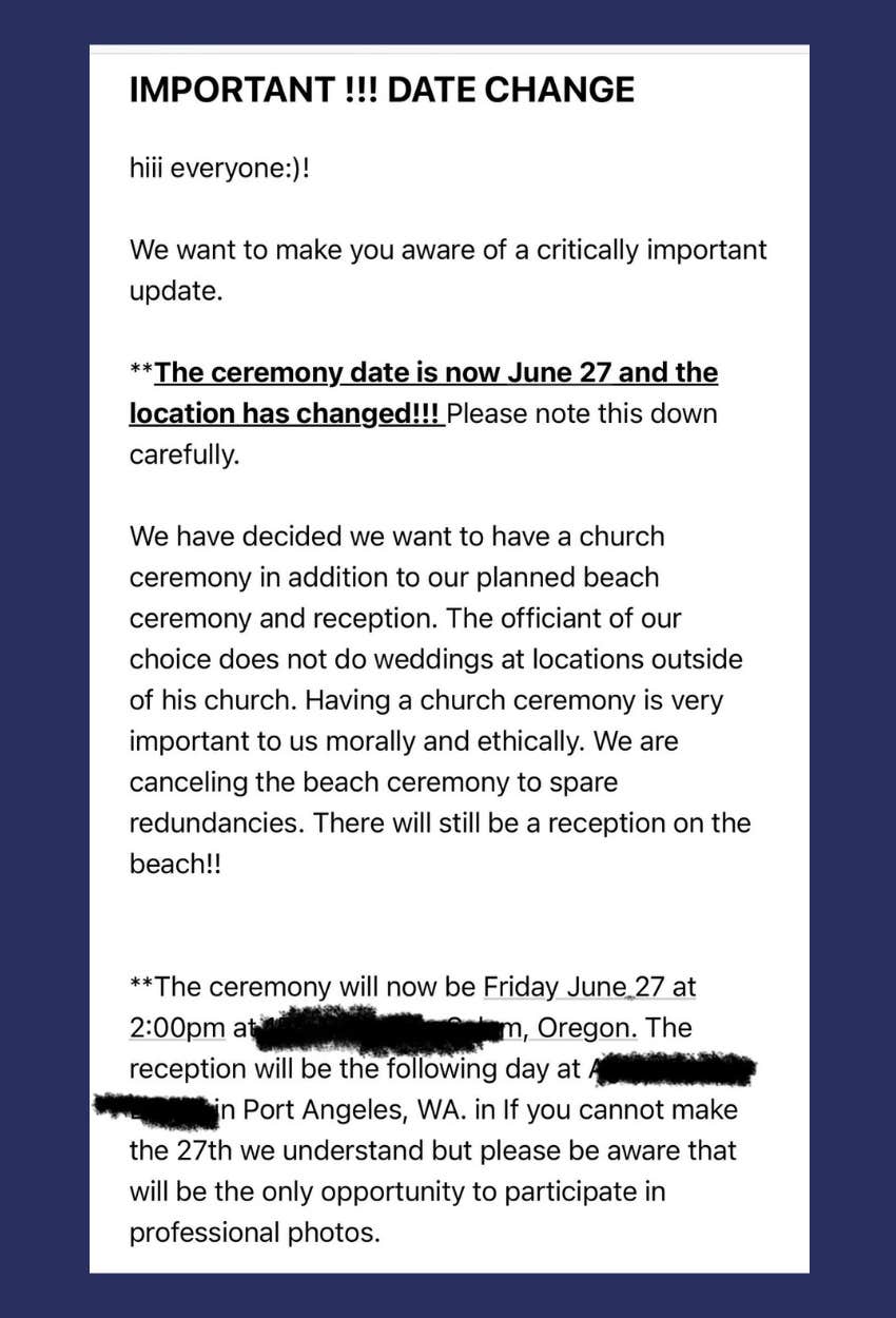 Reddit post about bride who changed their wedding date and venue three weeks before