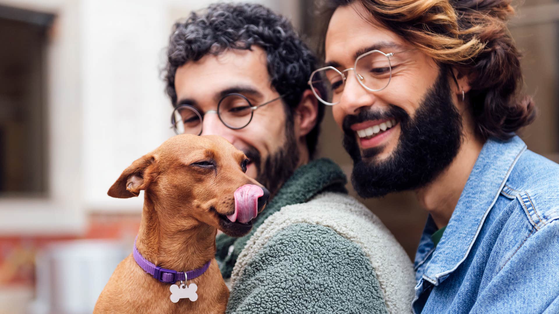 Couple smiling and holding a dog who's one step ahead of you.
