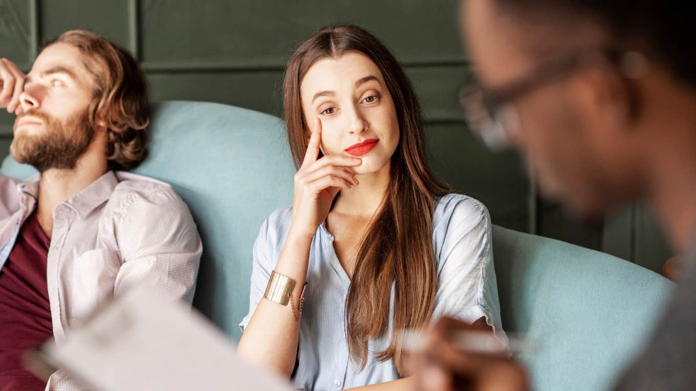 The Number One Marriage Complaint Women Secretly Share In Therapy, According To Experts Woman complaining about marriage in therapy.