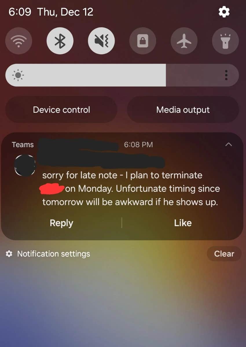 groupchat message about the user being laid off