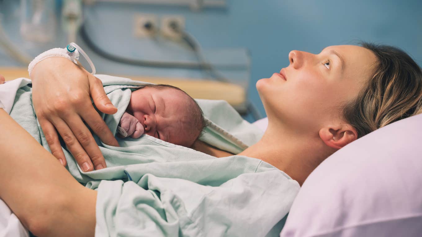 Mom Kicks Mother-In-Law Out Of Delivery Room After Overhearing Her Call The Baby Her Second Chance new mom holding newborn baby
