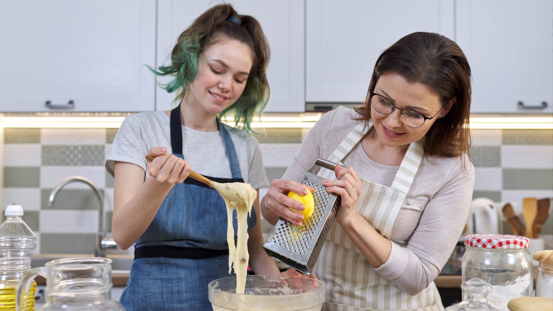 family cooking together mixing batter
