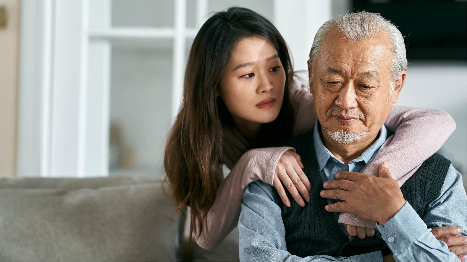 woman saying I don't want to bring down the mood to her concerned dad