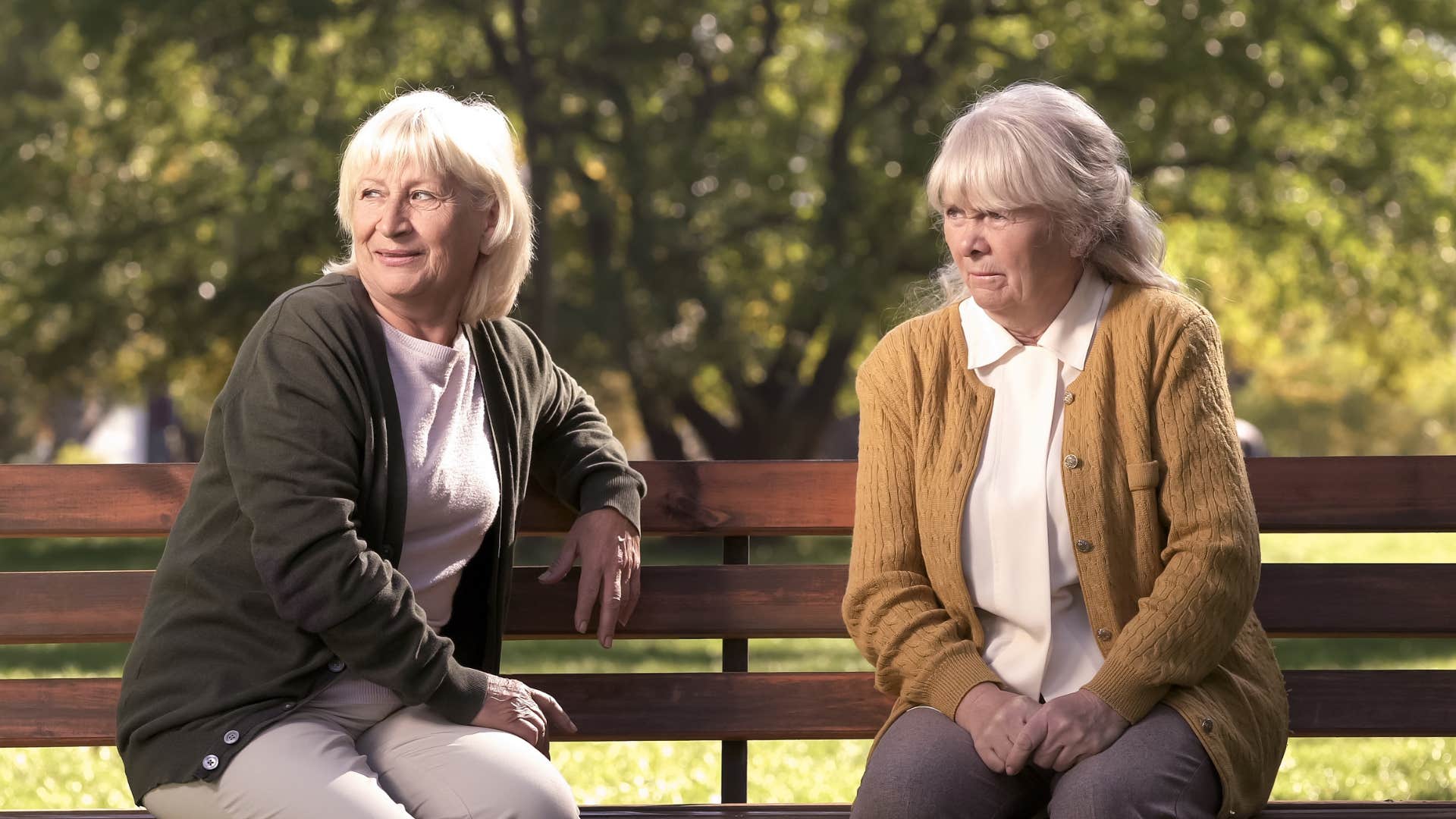 older ladies sitting on the bench thinking isn't that something as they silently judge