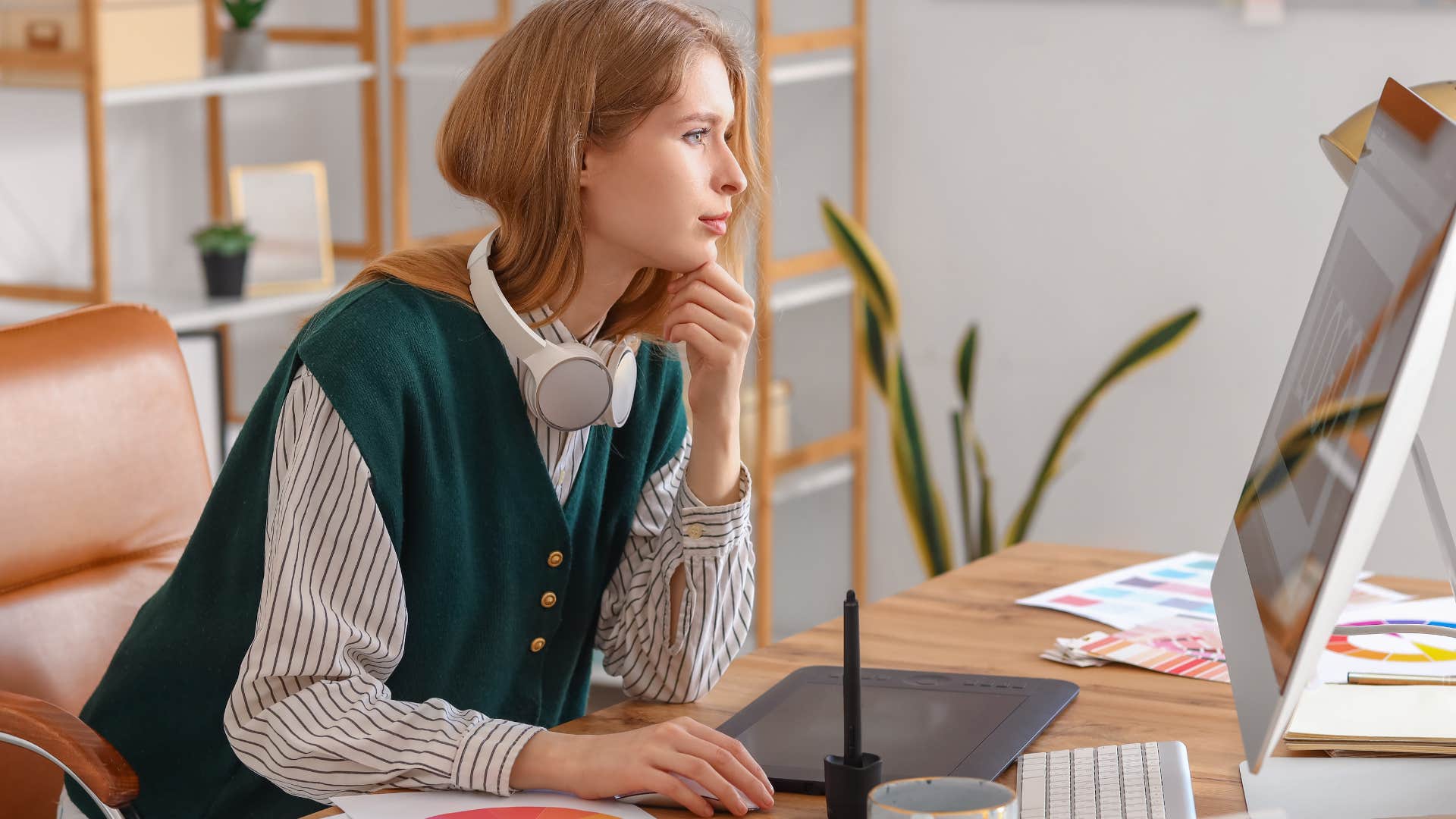 woman organizing her desk at home