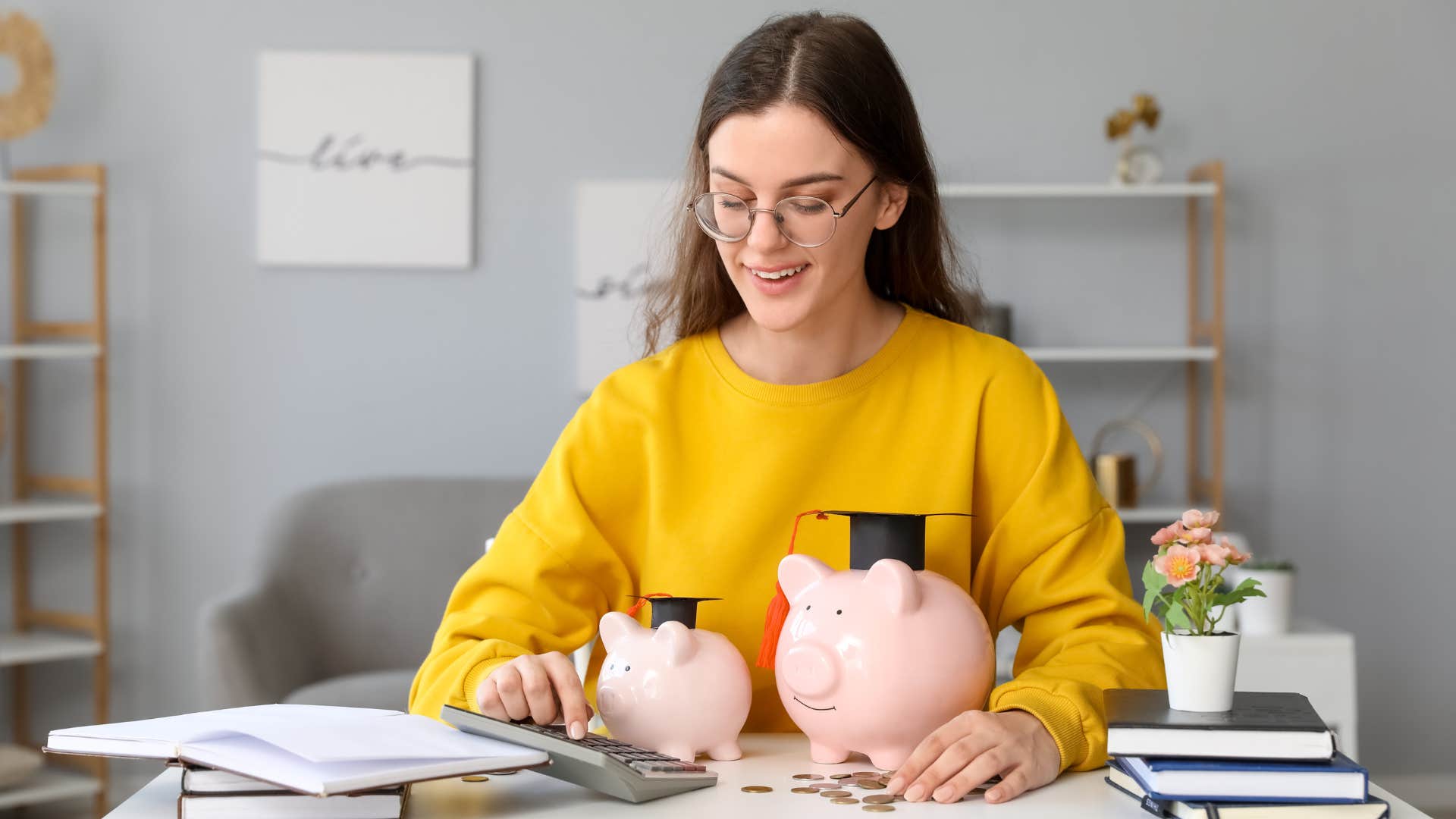 woman in glasses and yellow shirt skipping treat herself culture unless it's budgeted as she budgets her paycheck