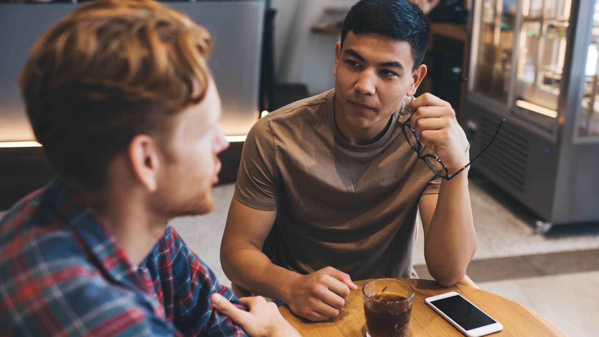 Man who can express emotions as they come up talking to a partner.
