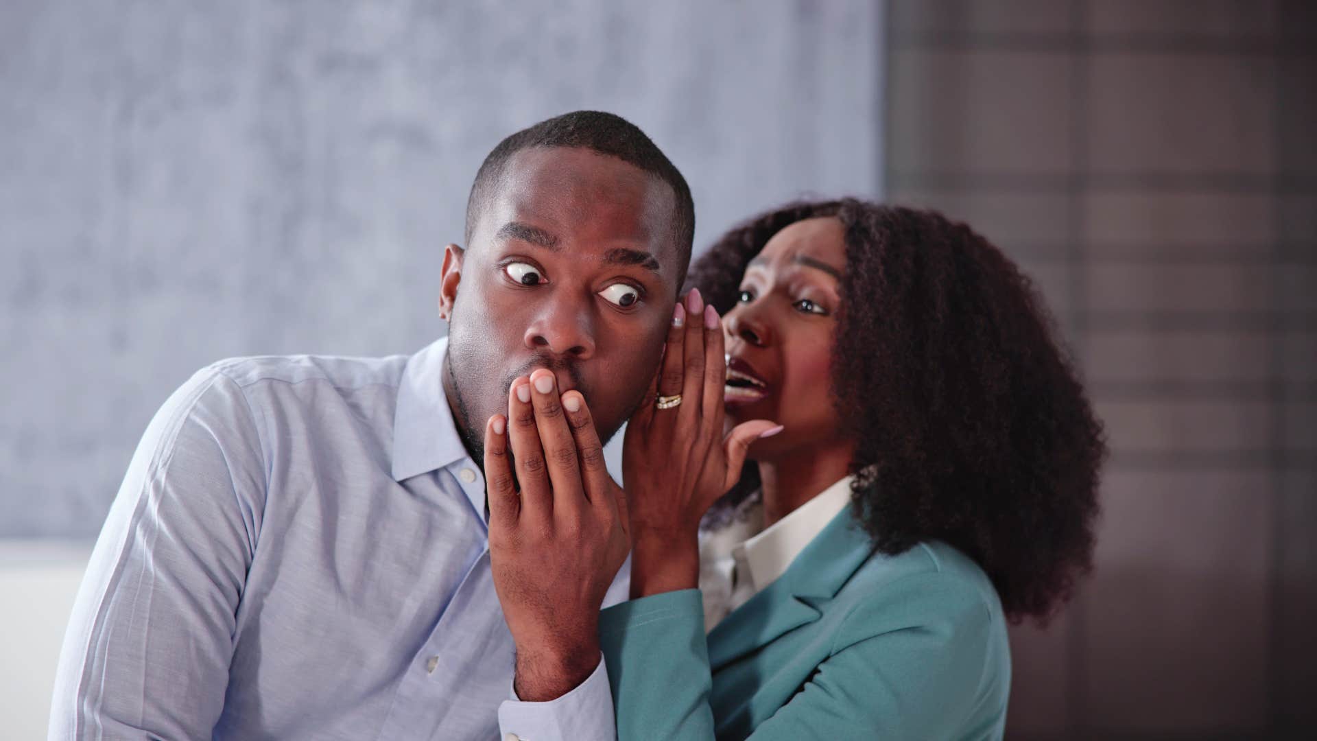  woman confidently sharing false information with man