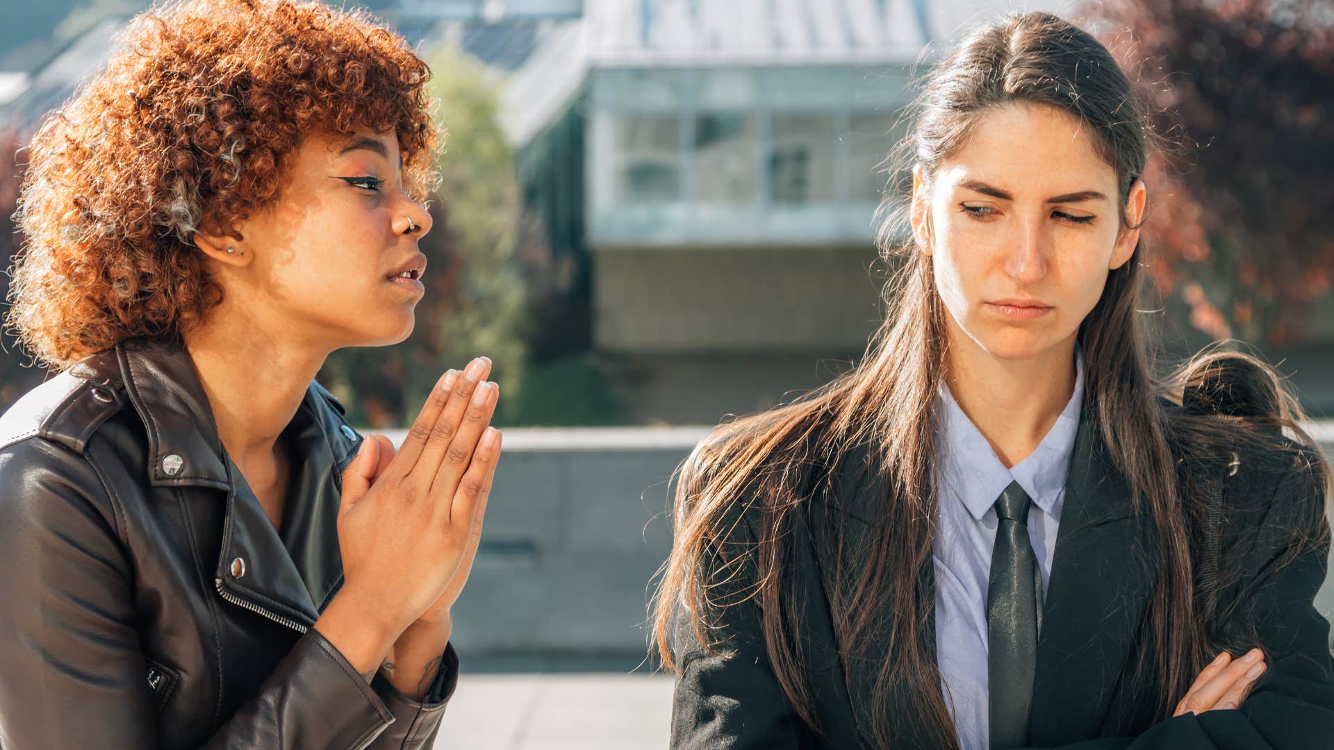 begging woman helping friend for attention