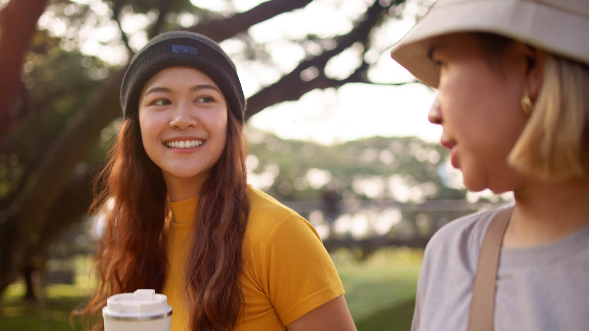women discussing private schools on a walk