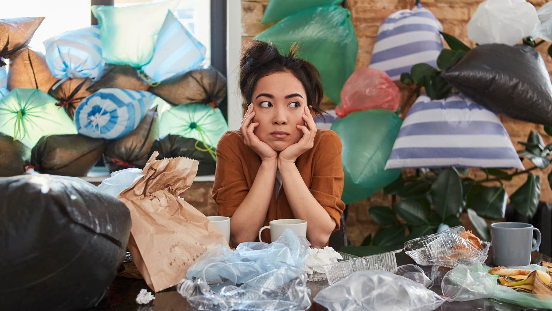 a woman is surrounded by clutter in a persons home