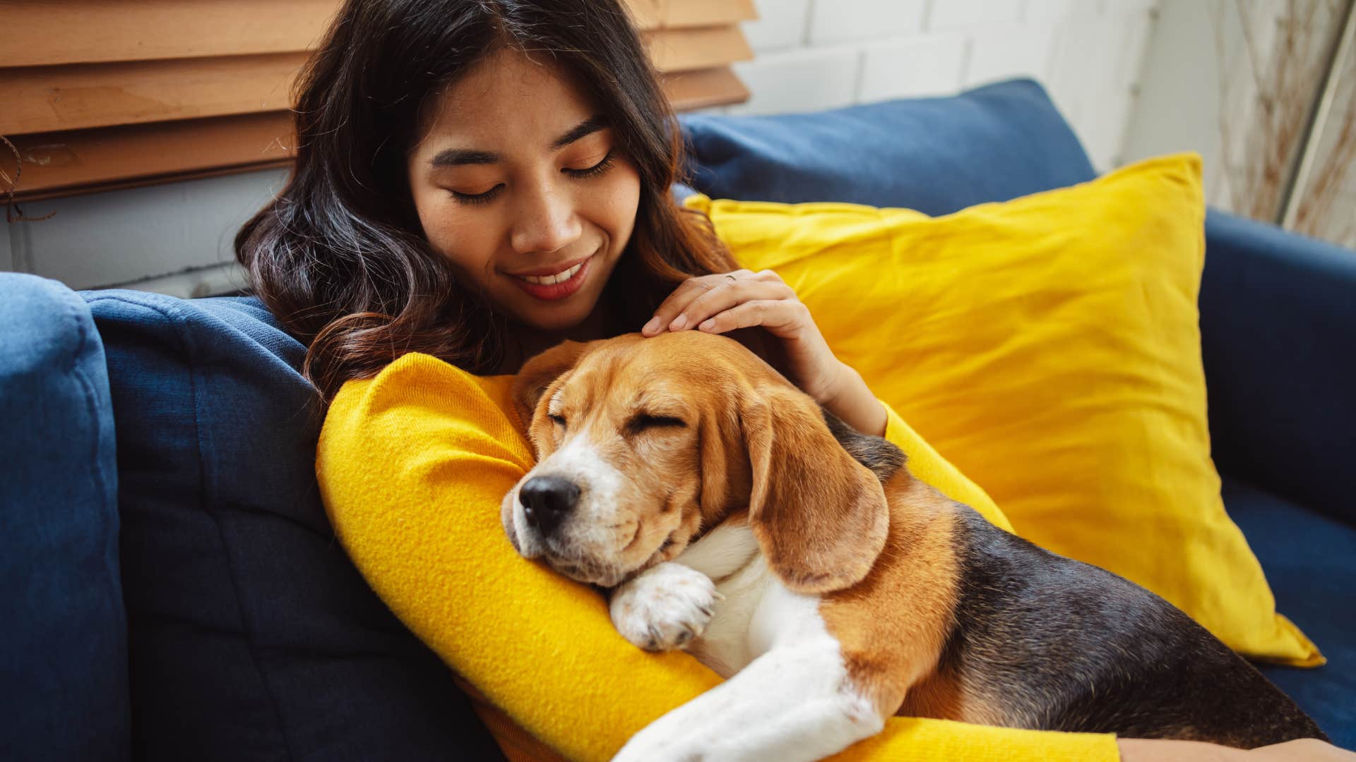 woman cuddling with sleeping beagle dog