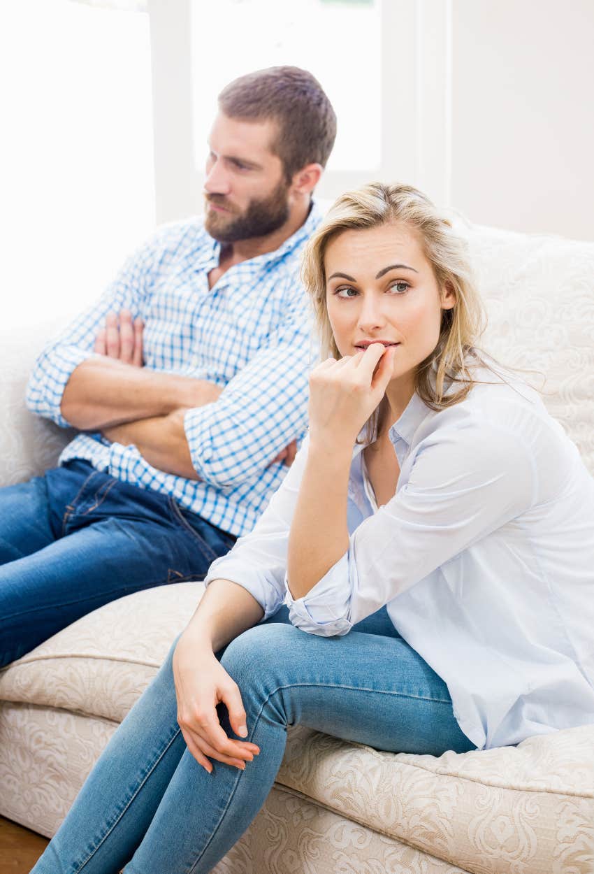 couple disagreeing over husband's habit of getting groceries from food drives