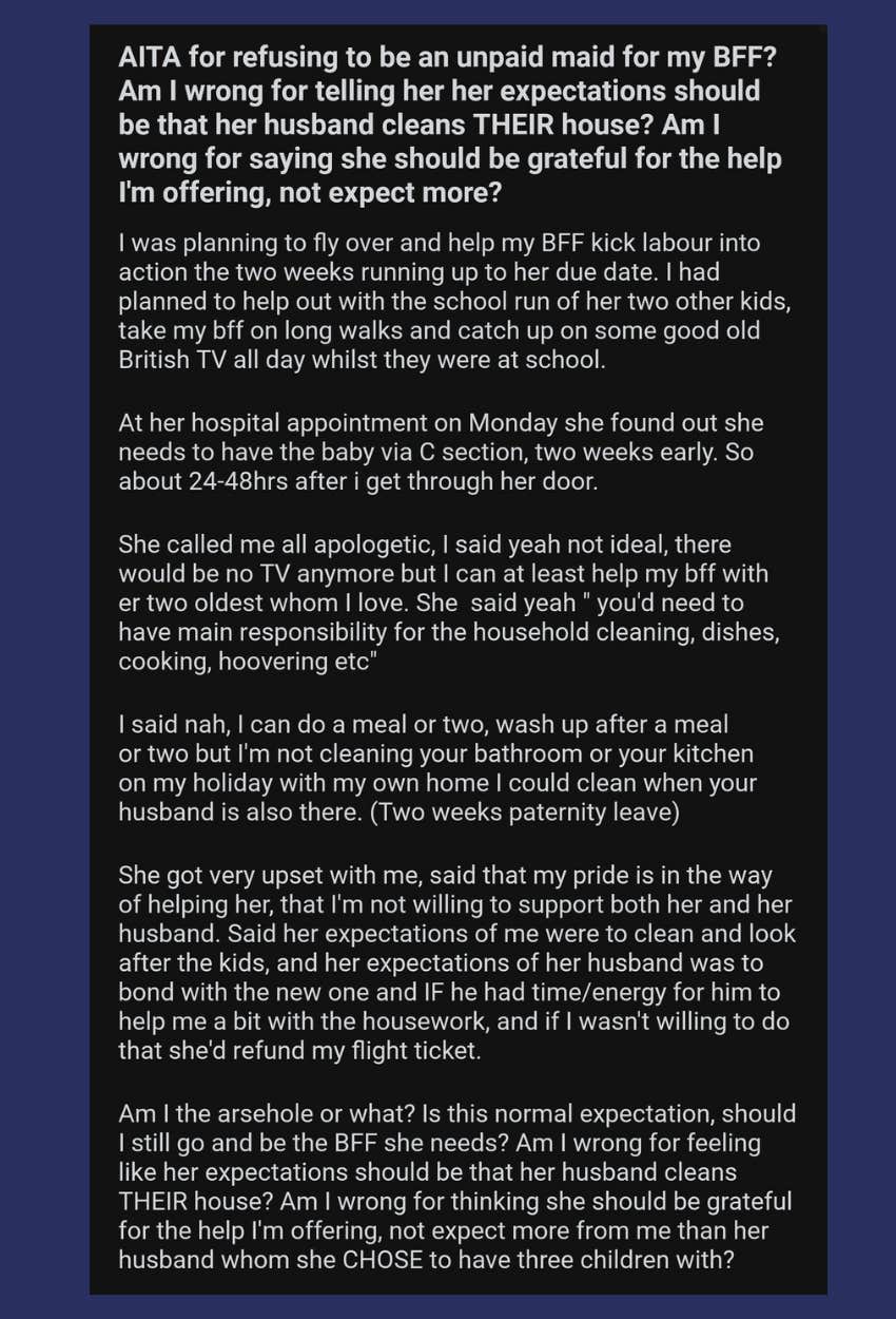 Screenshot of Reddit post from a woman who refuses to help her best friend after giving birth