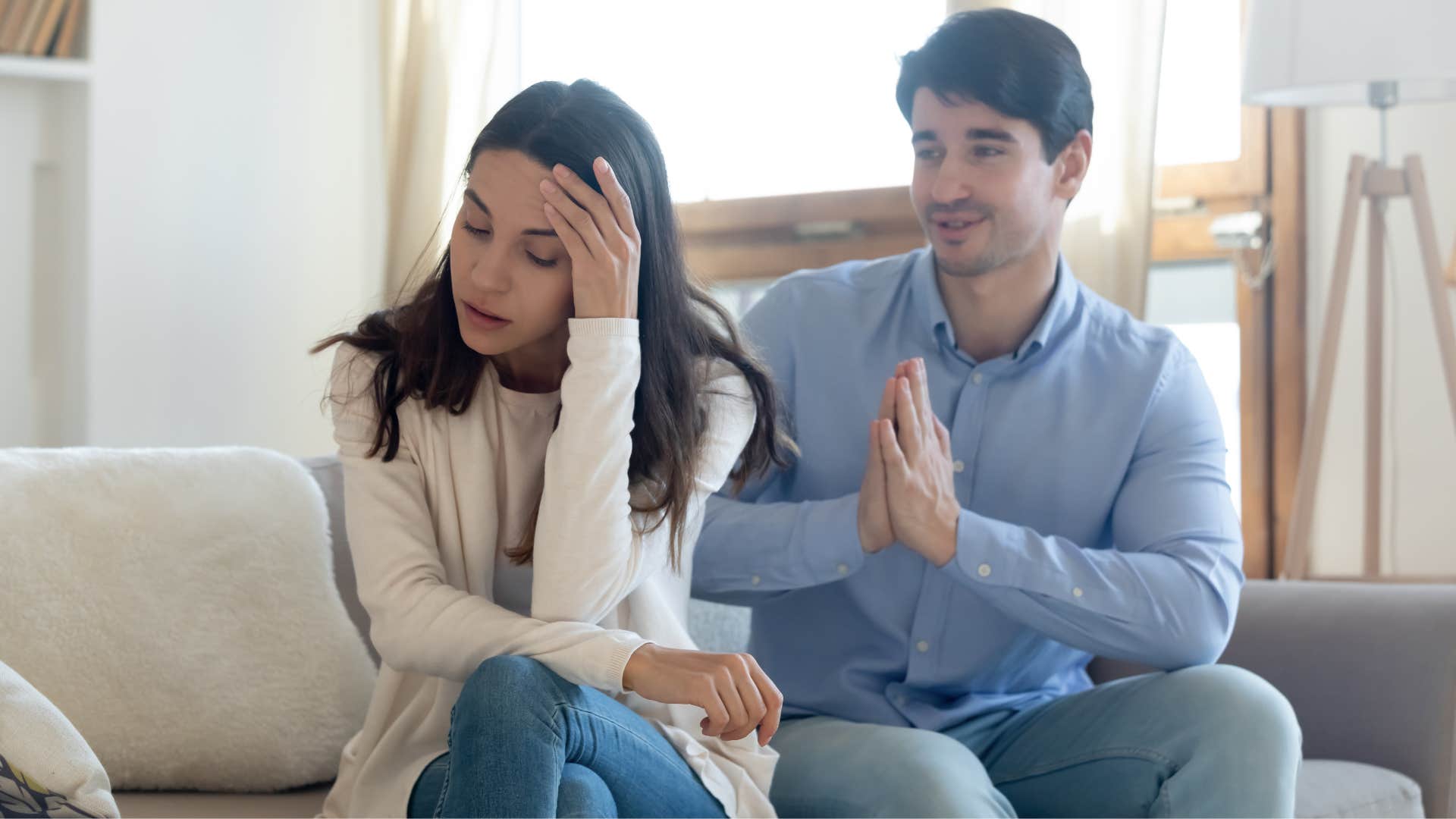 a man begs his wife to forgive him for having an affair