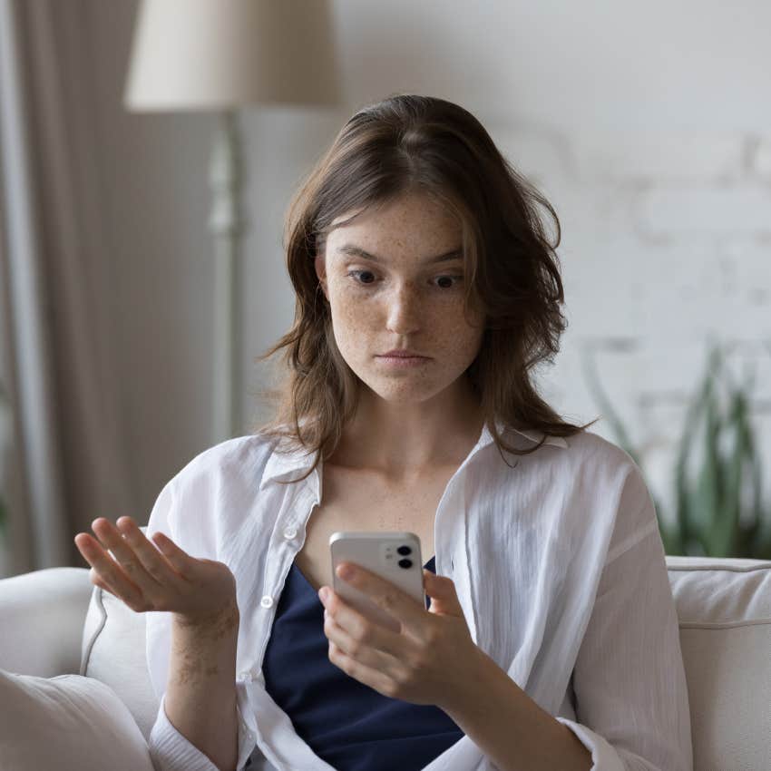 upset woman over man who is confused about what he wants as he texts her